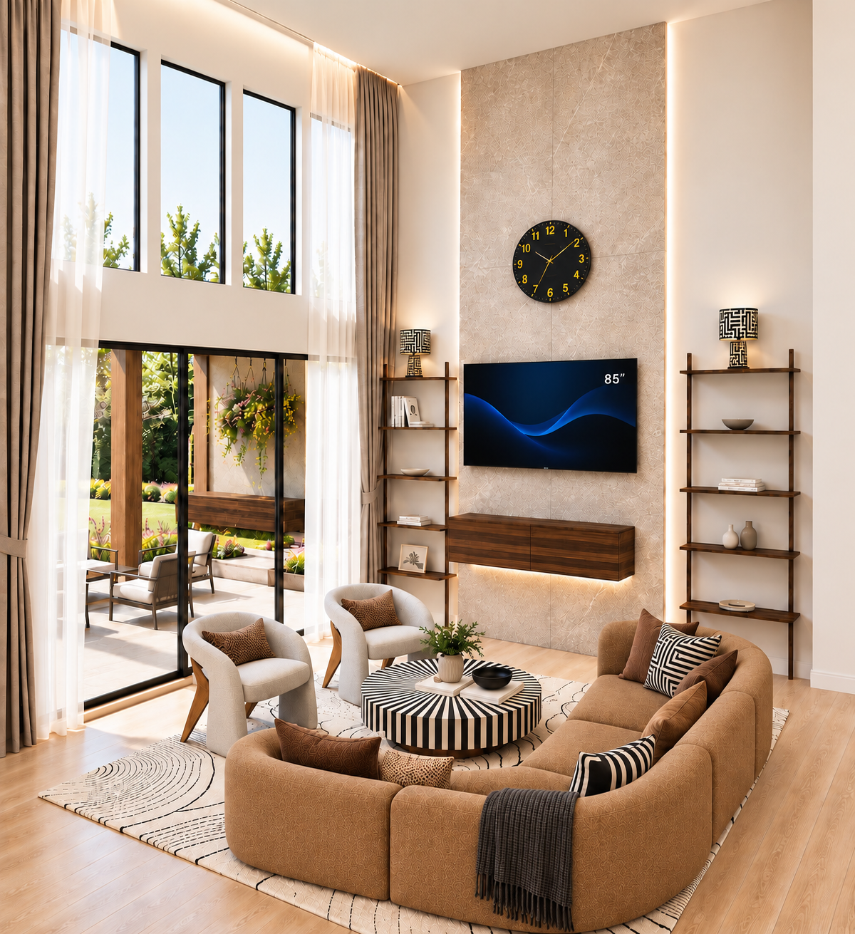 Design concept: The Lounge Edit — warm wood, curved seating, and graphic details give the double-height room a relaxed rhythm.